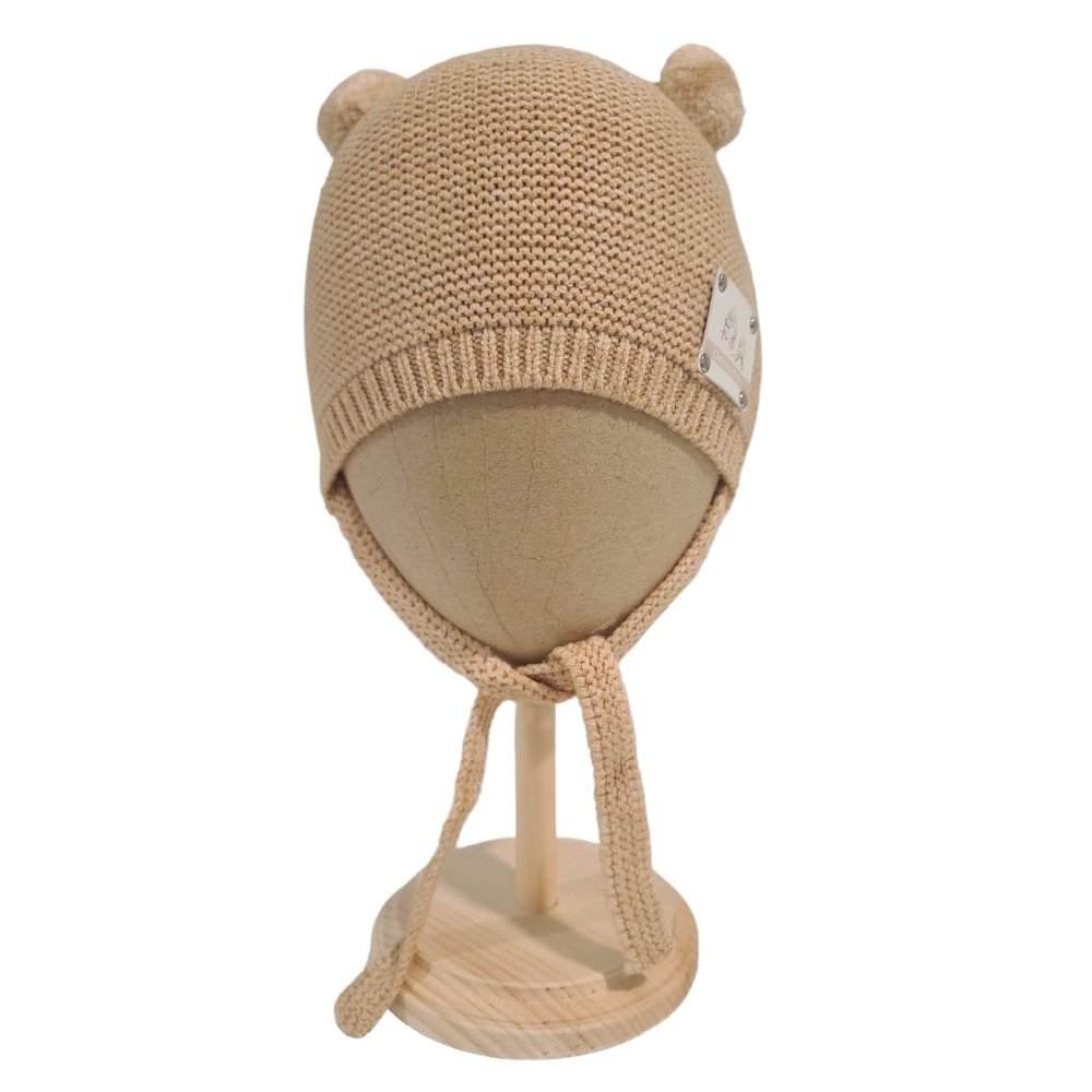 Birch Thin Knit Pompom Beanie With Ties, Honey